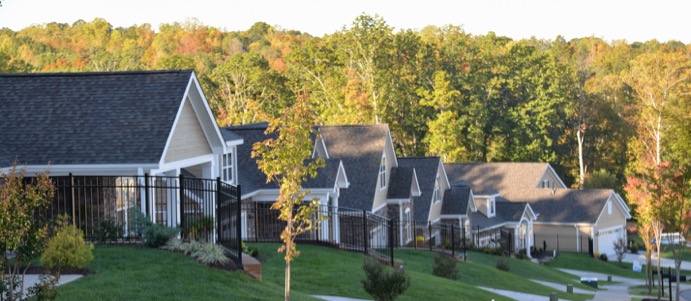 A row of Epcon homes down a gentle incline with a forest backdrop.