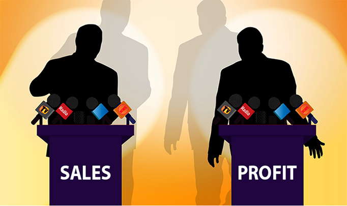 Two male silhouettes at two podiums marked with the text "Sales" and "Profit"