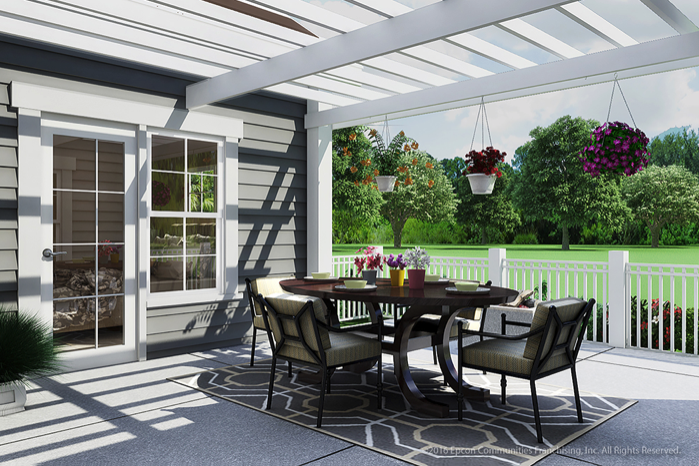 A digital rendering of a private outdoor courtyard of an Epcon home.