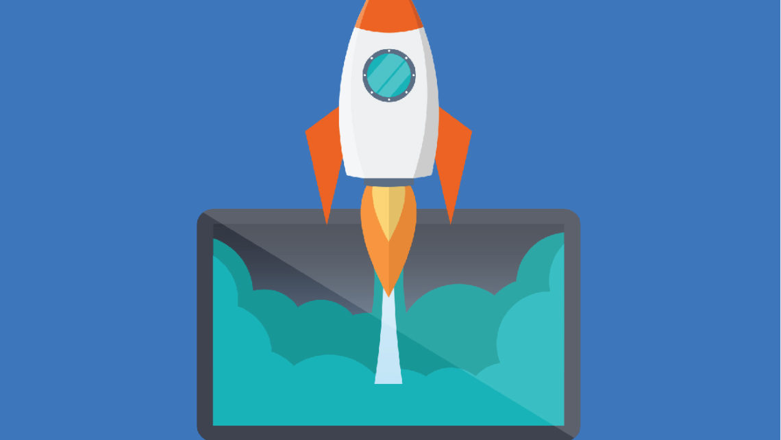 Illustration of rocket ship blasting out of a laptop screen